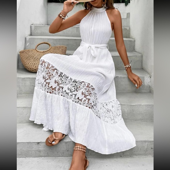 White Contrast Guipure Sheer Mesh Lace Layered Hem Belted Halter Dress - Picture 3 of 6